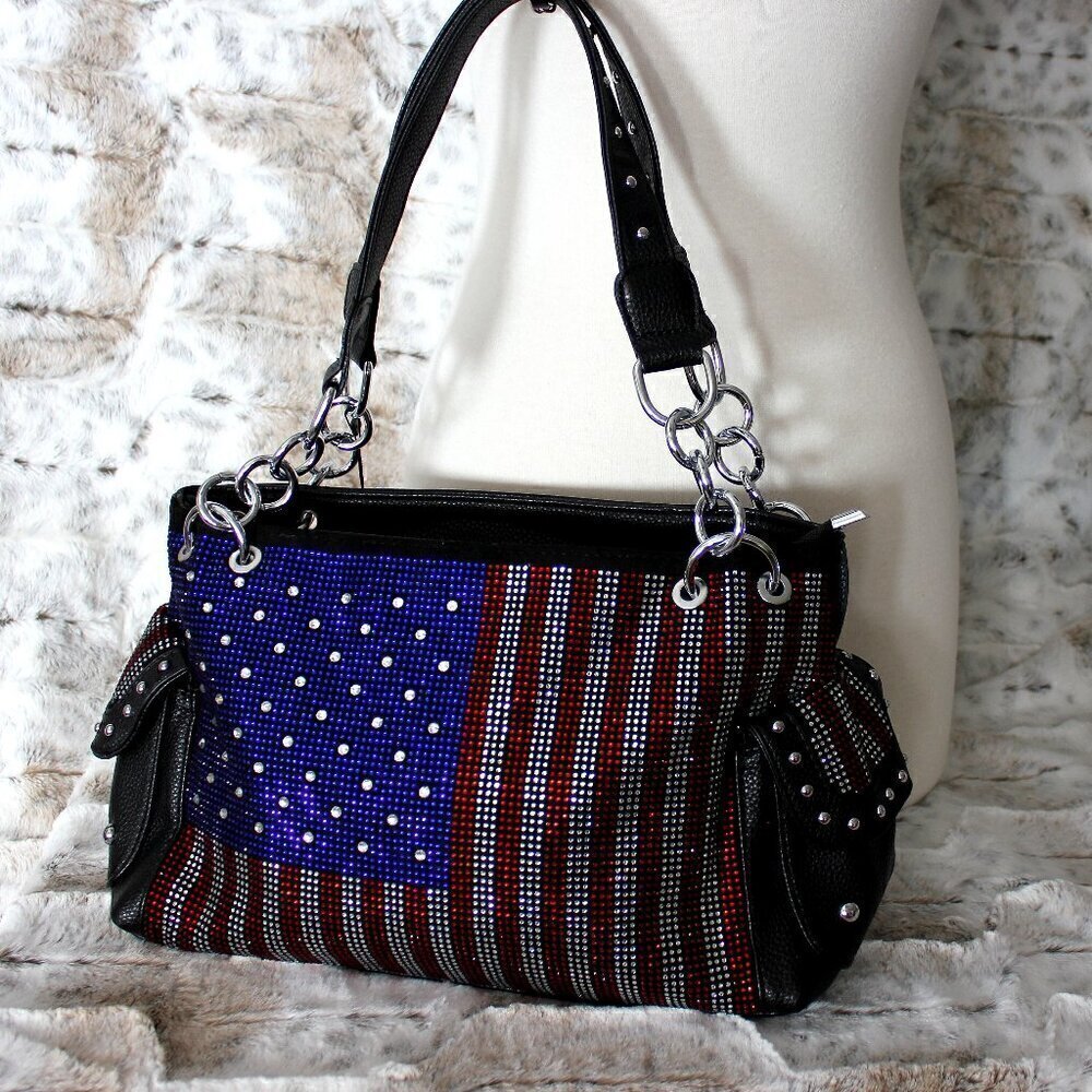 American Flag Red White Blue Rhinestone Bling Black Hobo Patriotic Handbag Bag - Picture 6 of 13